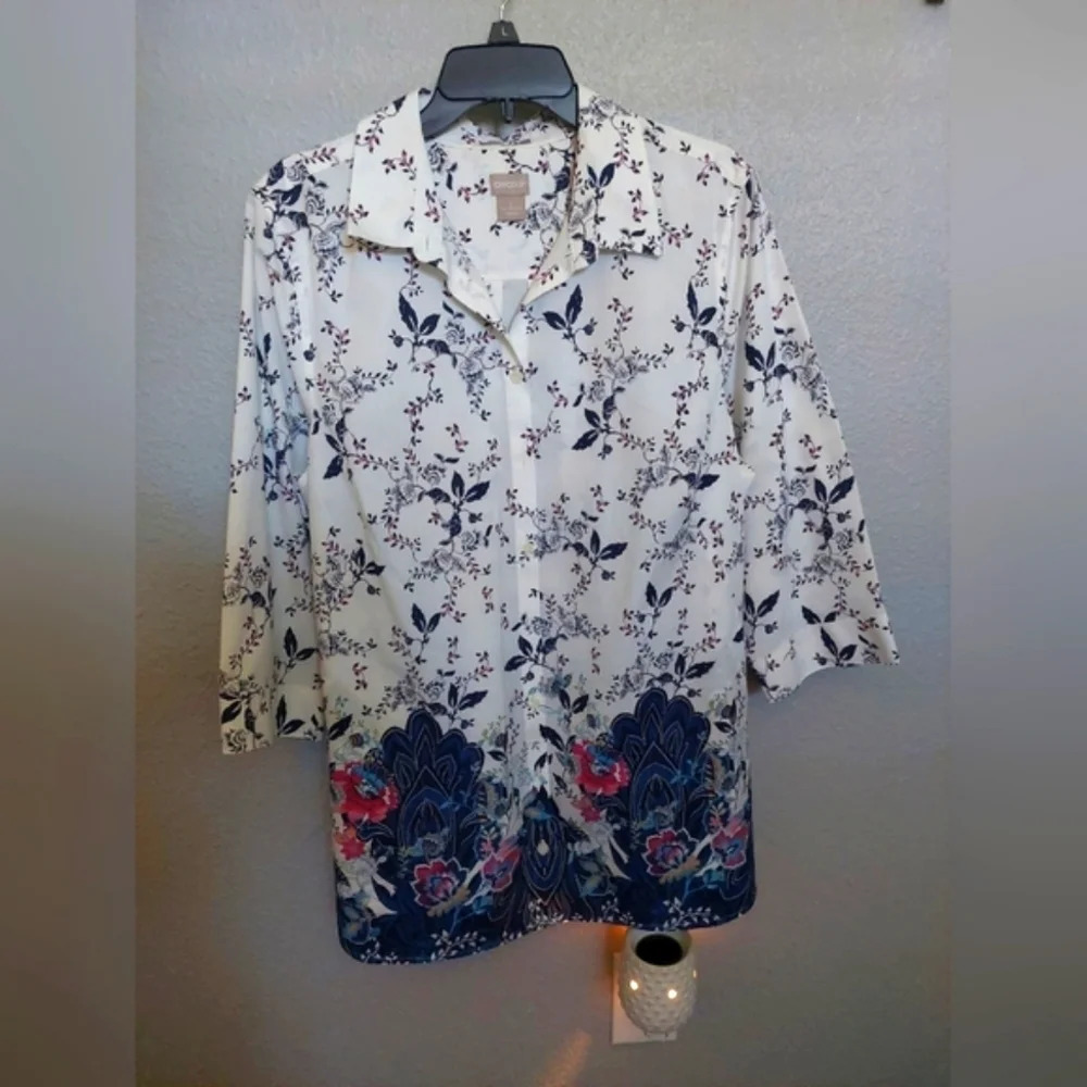Chicos-3 No Iron Floral 3/4 sleeve Button Up Top Blouse 16-18